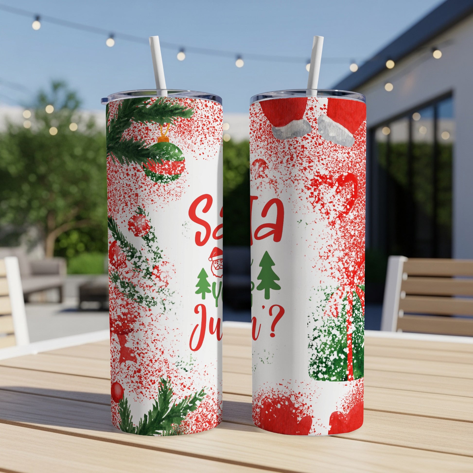 Two Santa-themed tumblers with "Santa, Ever Jovi?" text.