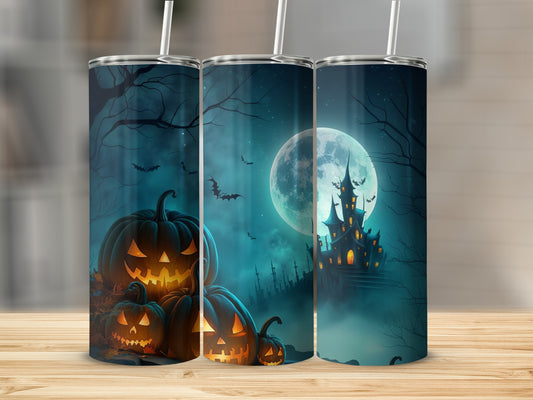 Halloween tumblers with carved pumpkins, a spooky castle, and bats under a full moon.