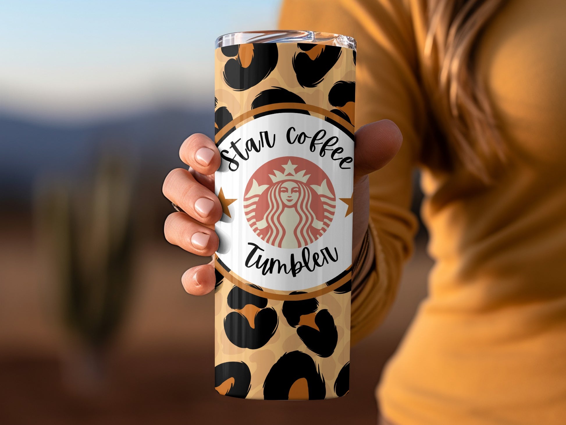 Star Coffee Tumbler with Leopard Print Design
