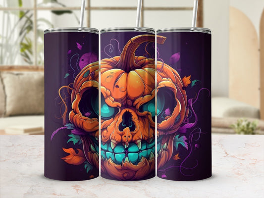 Three tumblers with a jack-o'-lantern skull design and falling autumn leaves.