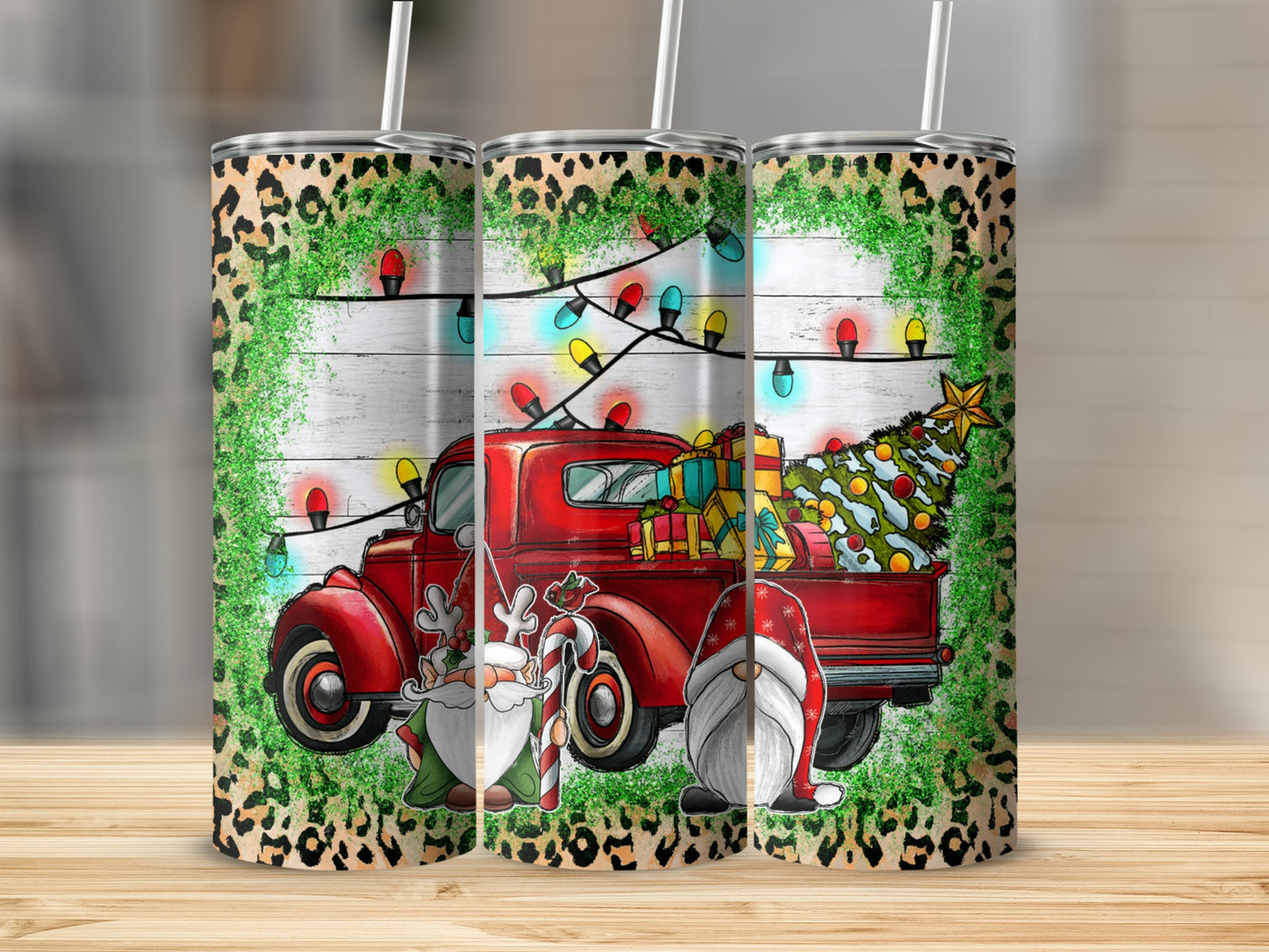 Red truck with Christmas tree and presents, flanked by gnomes and lights.