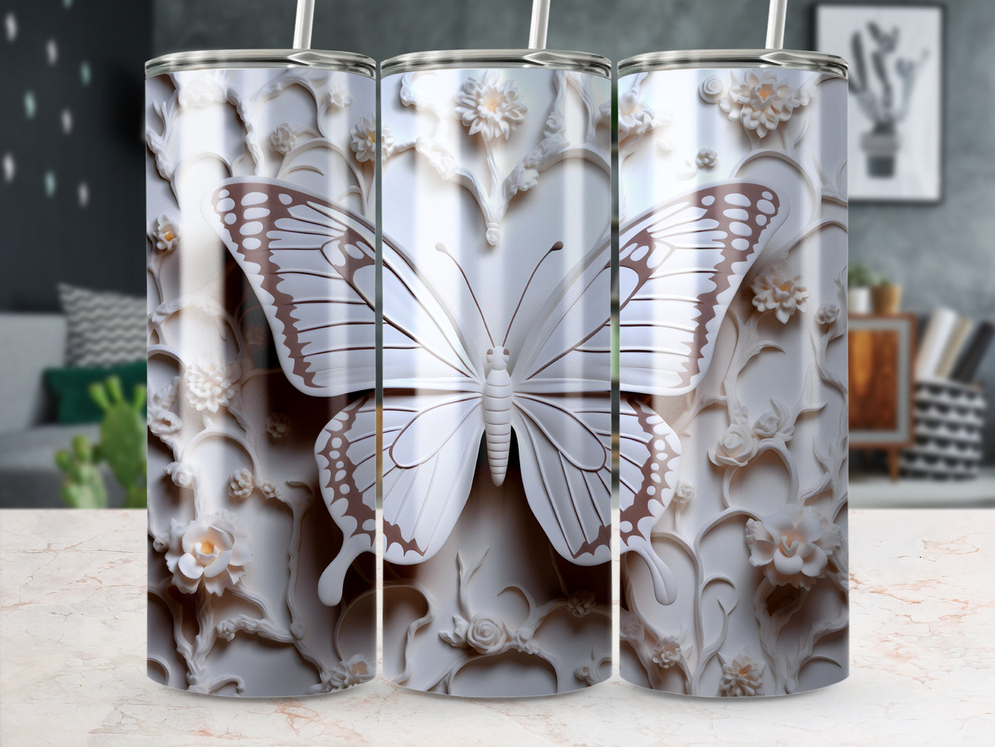 White tumbler with a textured butterfly and floral design.