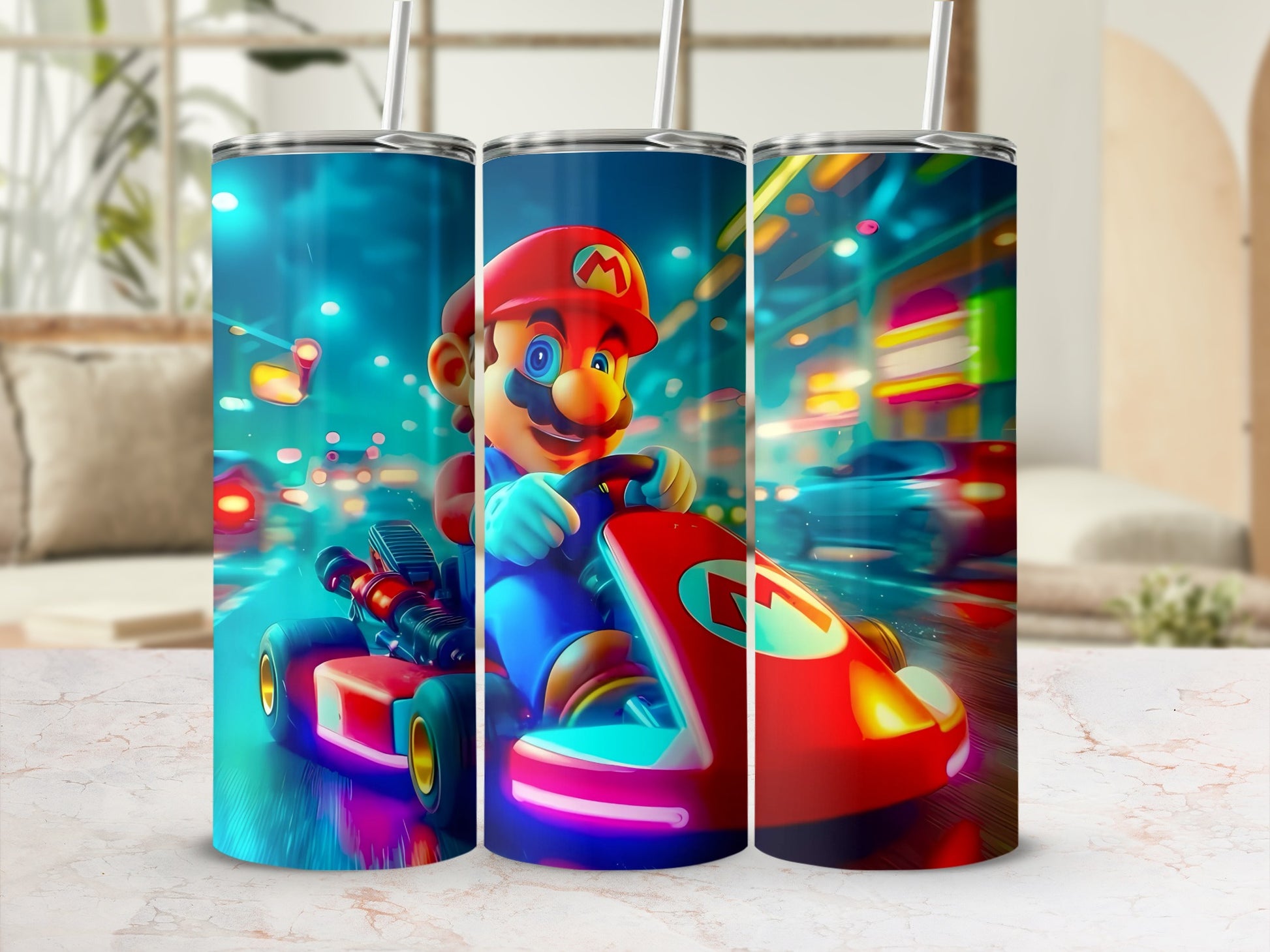 Vibrant Gaming Character Tumbler with Driving Scene