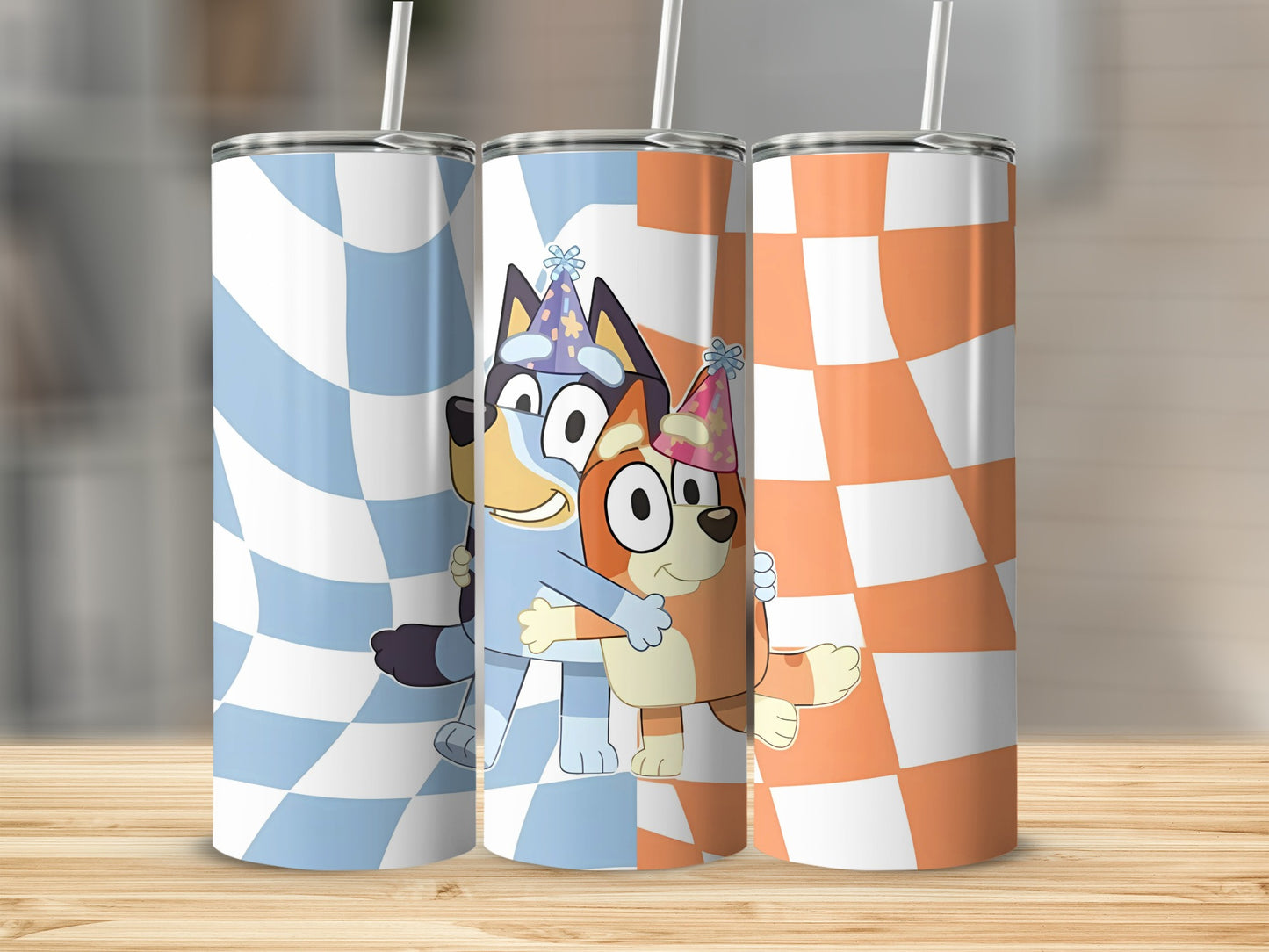 Adorable Cartoon Characters Checkered Print Tumbler