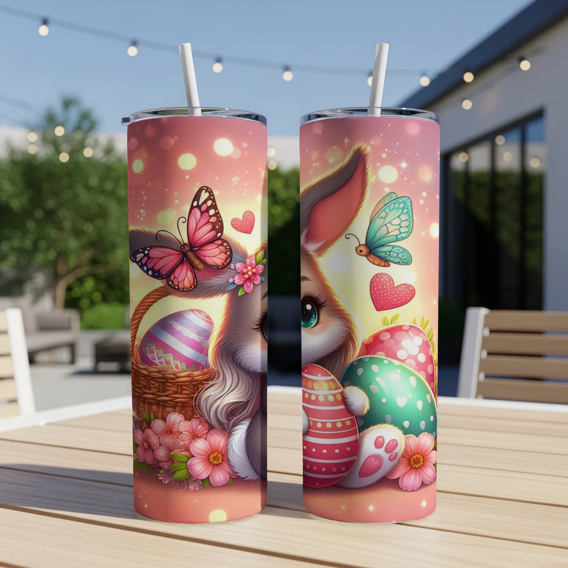 Easter bunny with colorful eggs, butterflies, and flowers on a skinny tumbler.