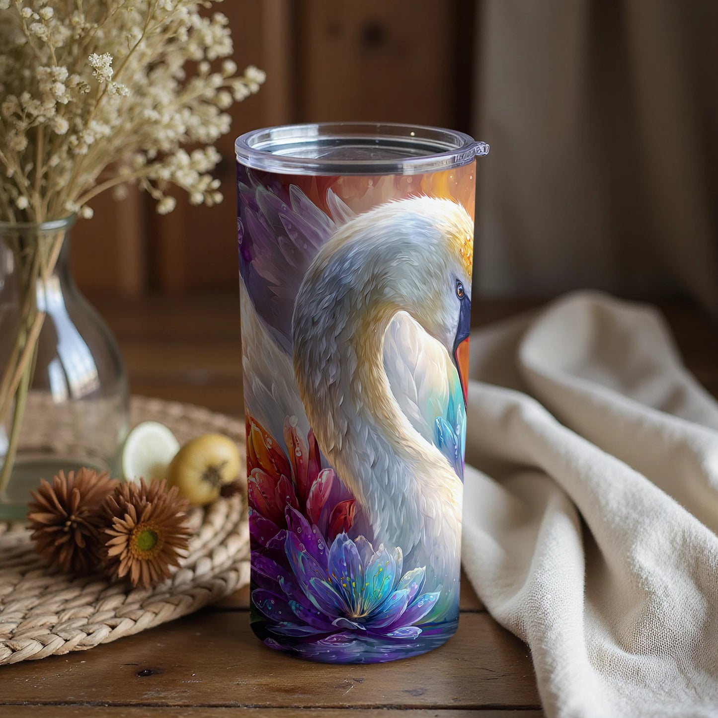 Beautiful Swan and Vibrant Flowers Tumbler