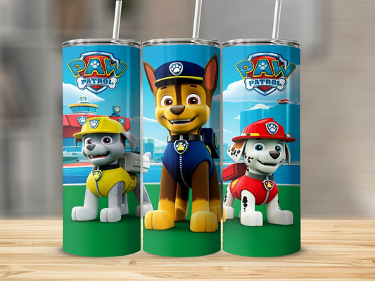 Paw Patrol characters Chase, Marshall, and Rubble on a green tumbler with a nautical background.