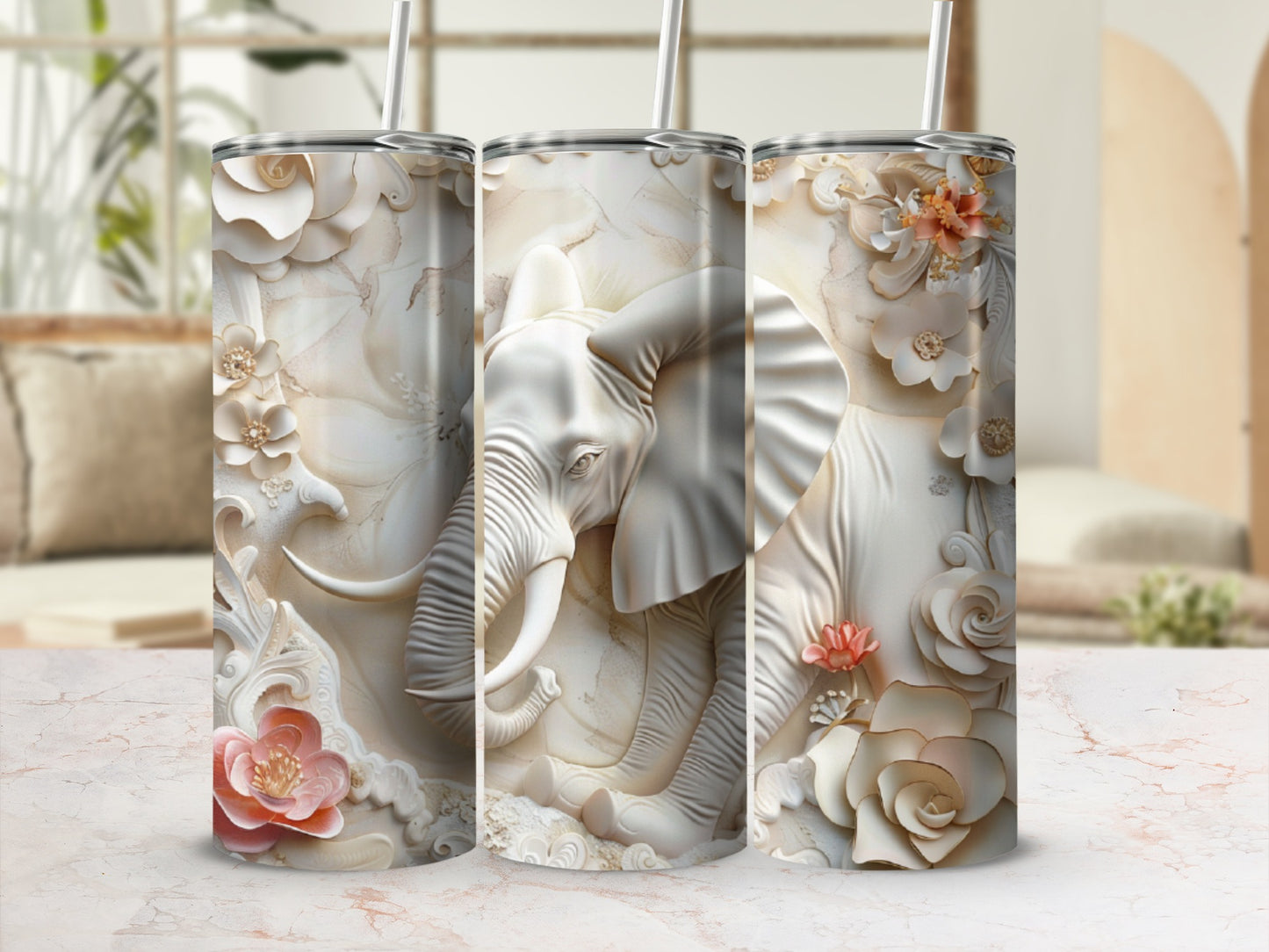 Textured tumbler with embossed elephant and floral designs.