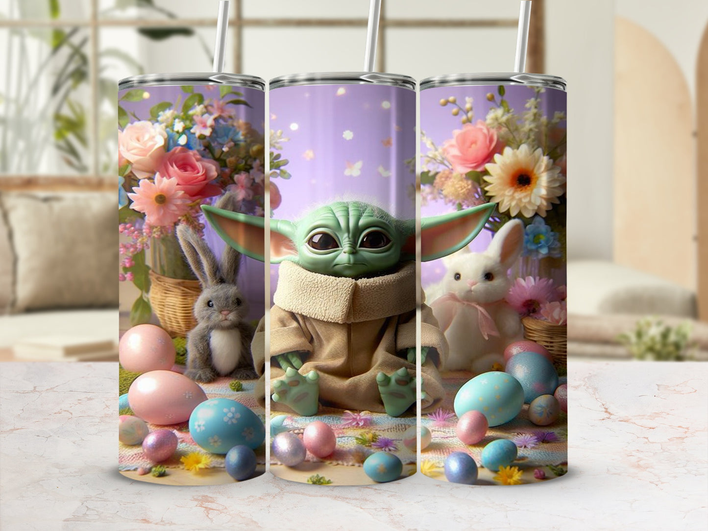 Adorable Baby Yoda Easter Tumbler with Bunny and Flowers