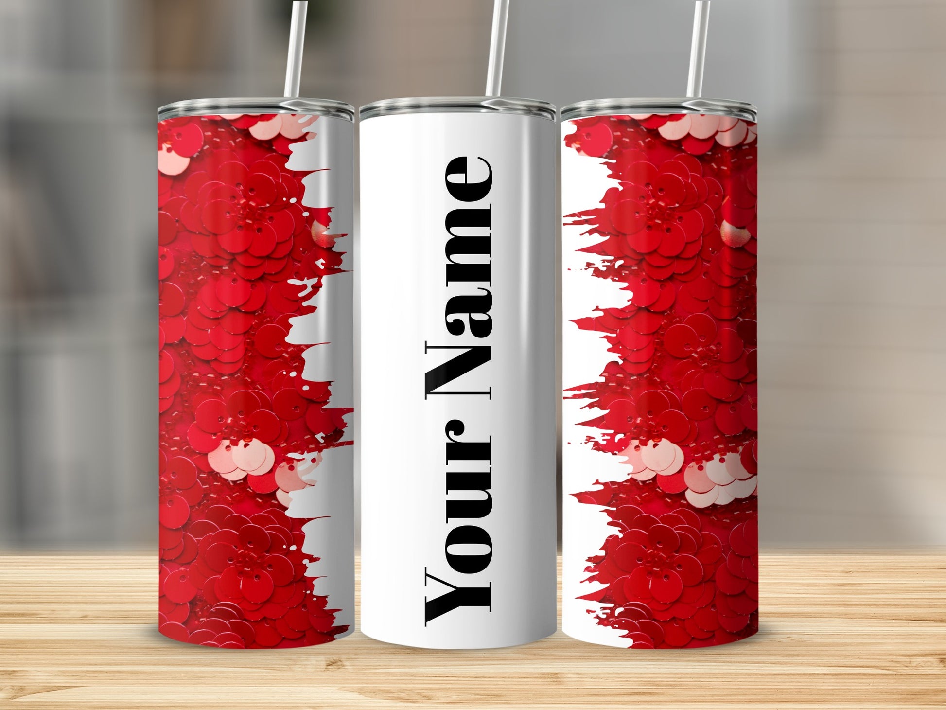 Personalized Red Glitter Design Tumbler with Straw