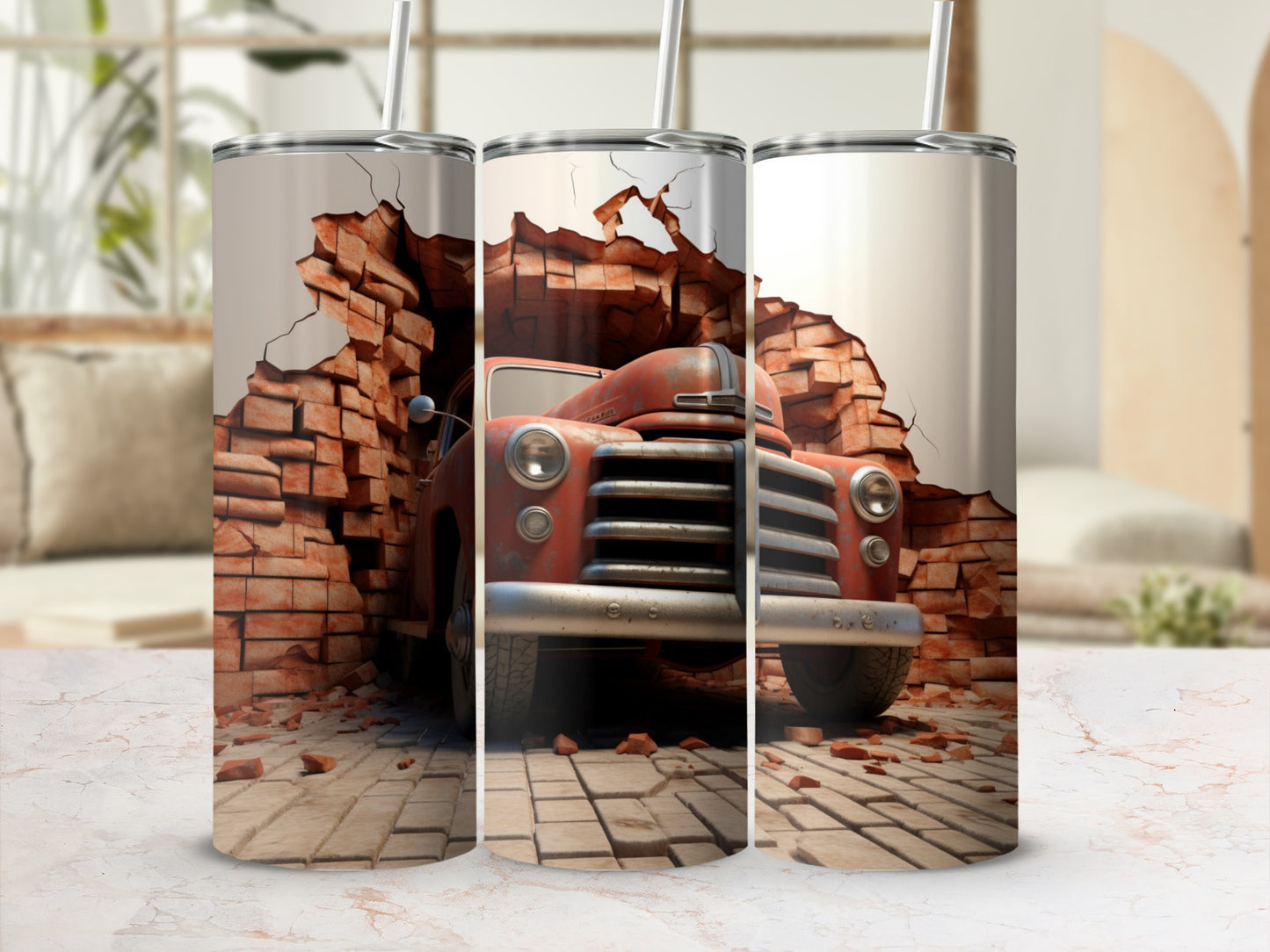 Vintage Truck Breaking Through Brick Wall Tumbler