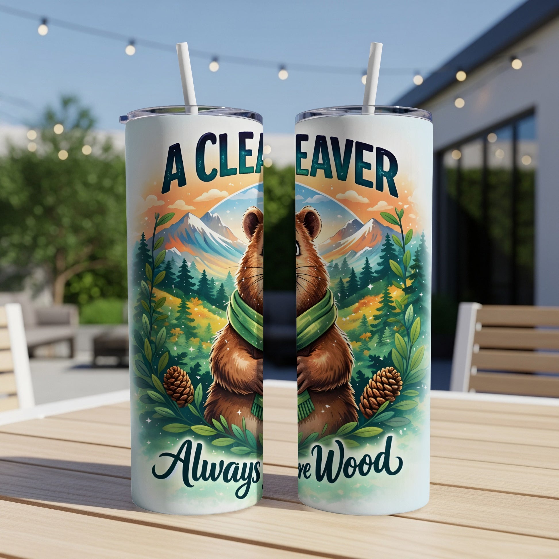 Bear wearing scarf, "A Clever Beaver Always Sure Wood" text.