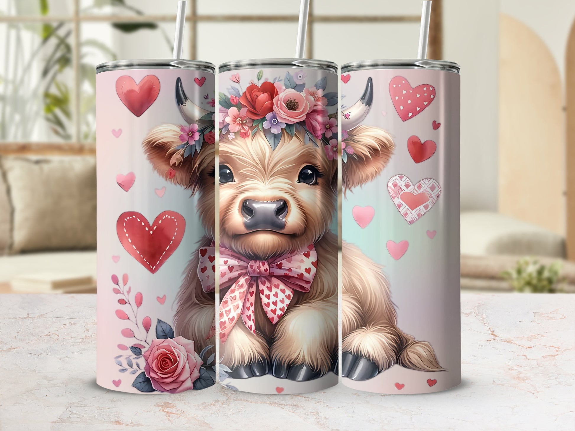 Cute Valentine's Cow with Flowers and Hearts Tumbler