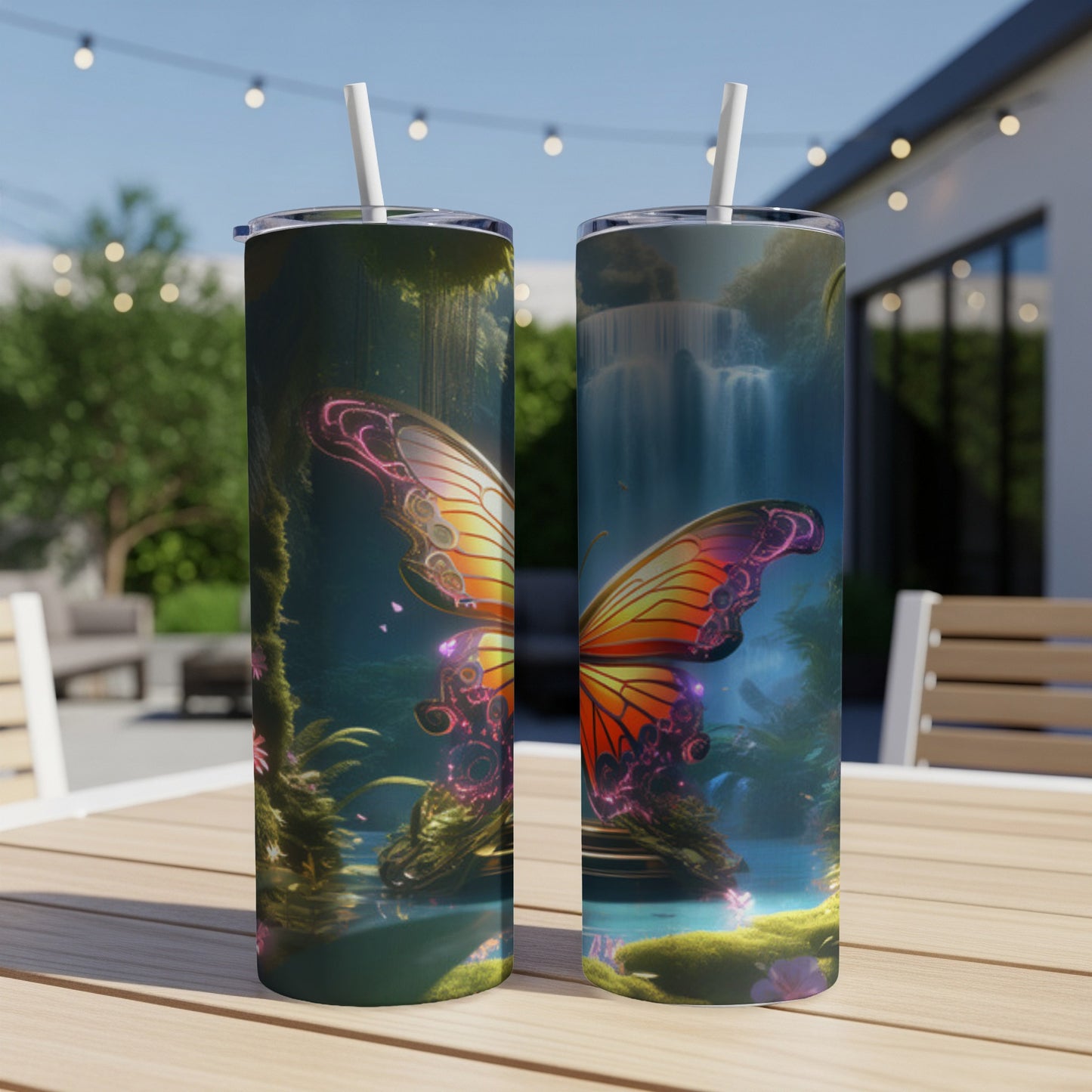 Two iridescent butterfly tumblers sit on a wooden table with a waterfall background.