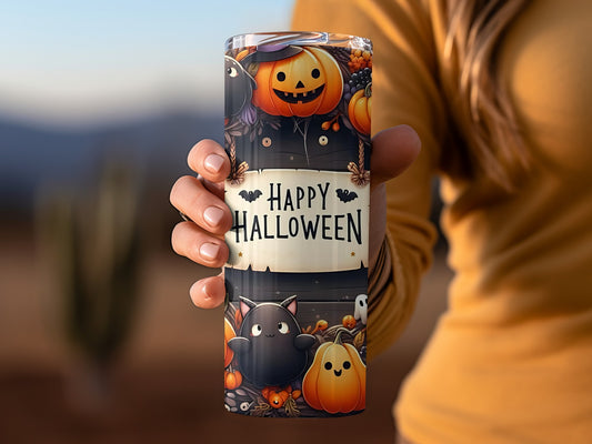 Happy Halloween Pumpkin and Cat Festive Design Tumbler