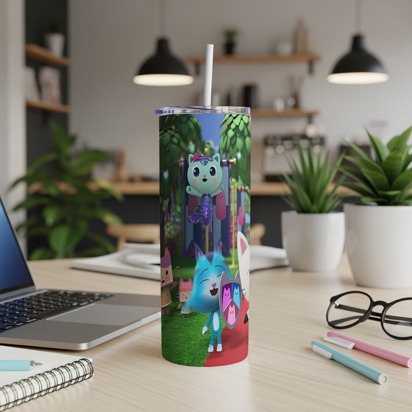 Gabby's Dollhouse characters on a tall, colorful insulated tumbler.