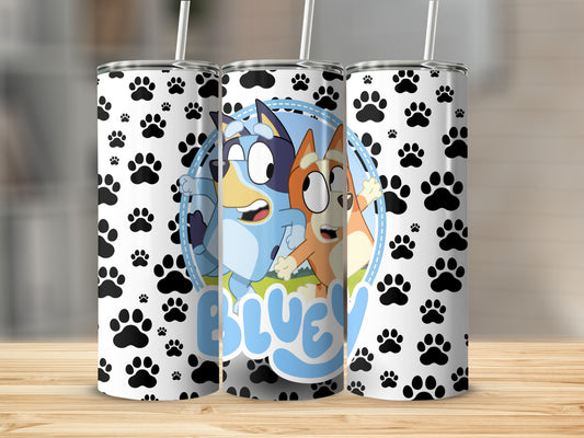 Bluey and Bingo characters on a tumbler with paw print pattern.