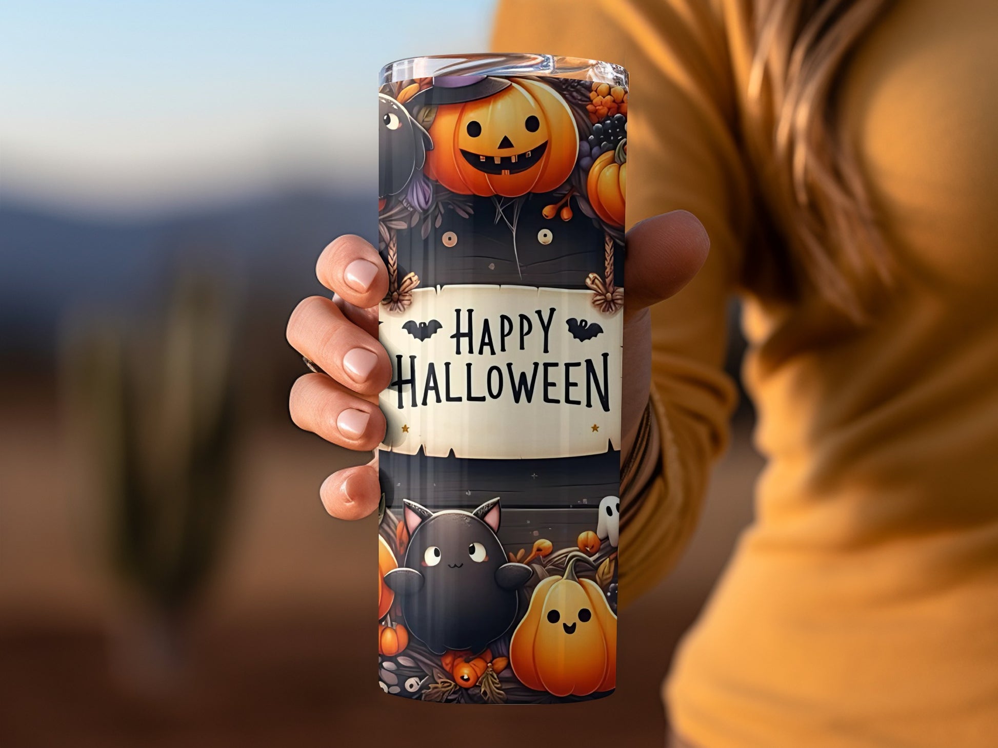 Happy Halloween Pumpkin and Cat Design Festive Tumbler