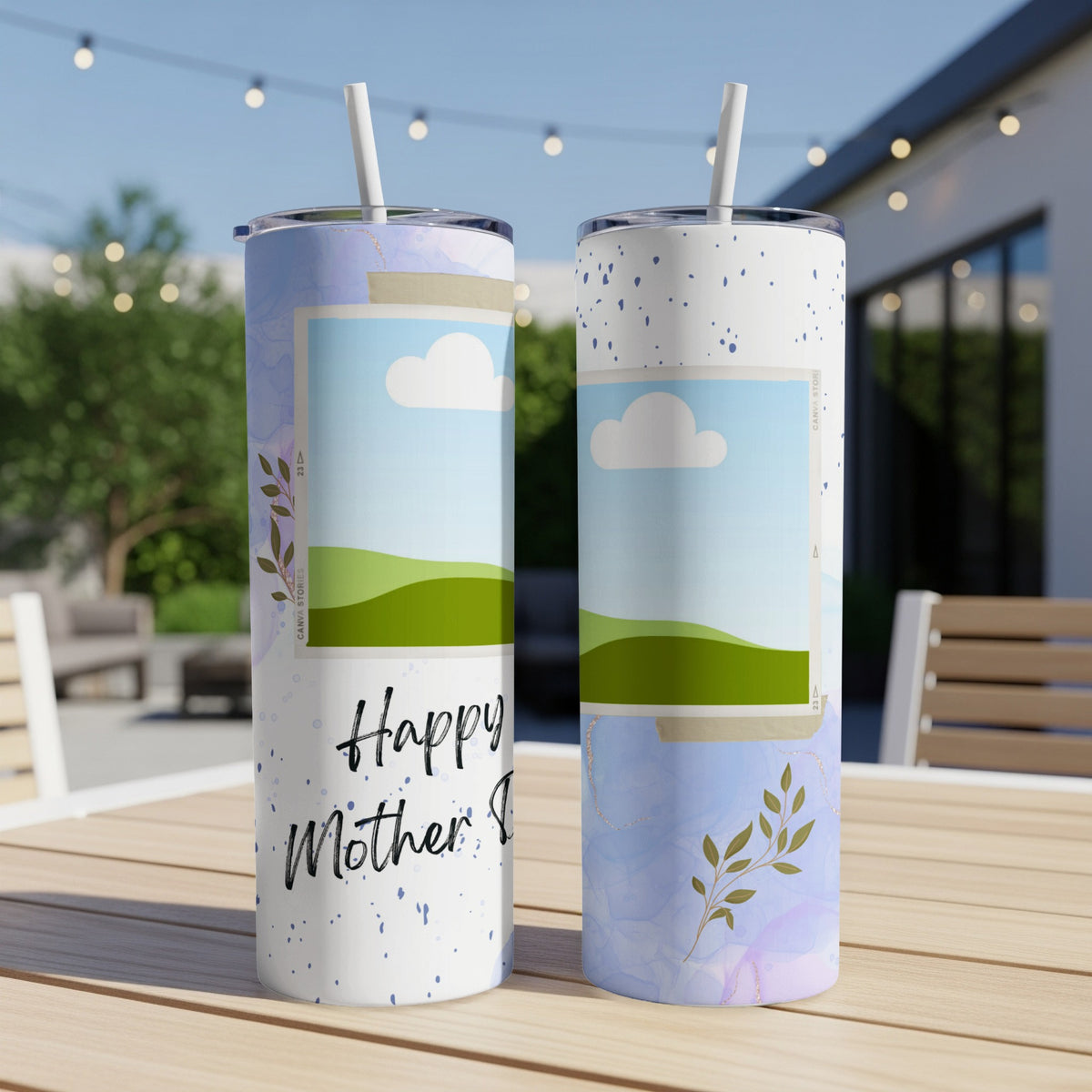 Two tumblers with "Happy Mother's Day" text and cloud and landscape graphics.