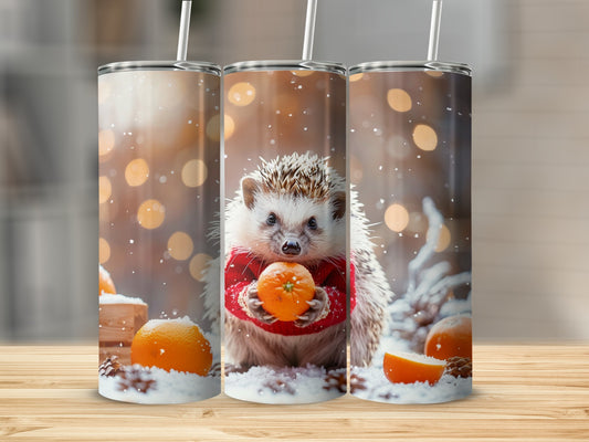 Adorable Hedgehog Holding Orange Winter Scene Tumbler