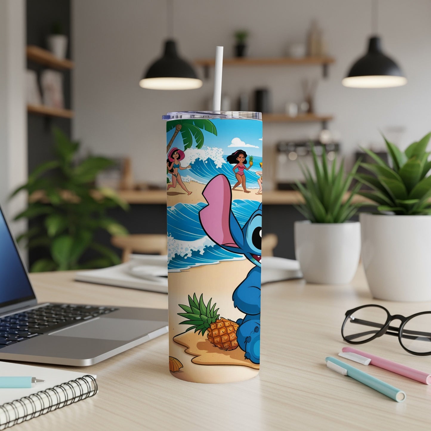 Stitch character on a beach with pineapple and seashells, 20 oz tumbler.