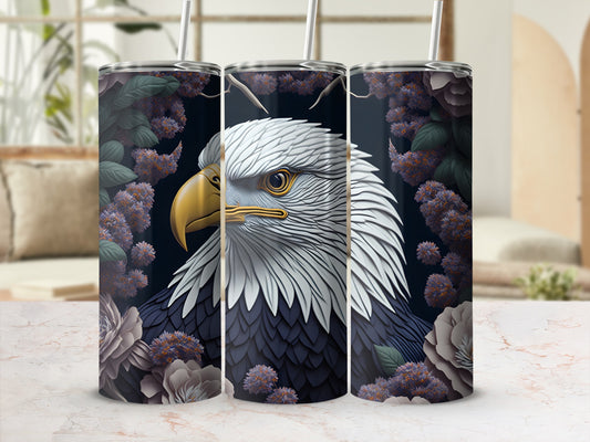 Eagle with floral accents on a dark background.