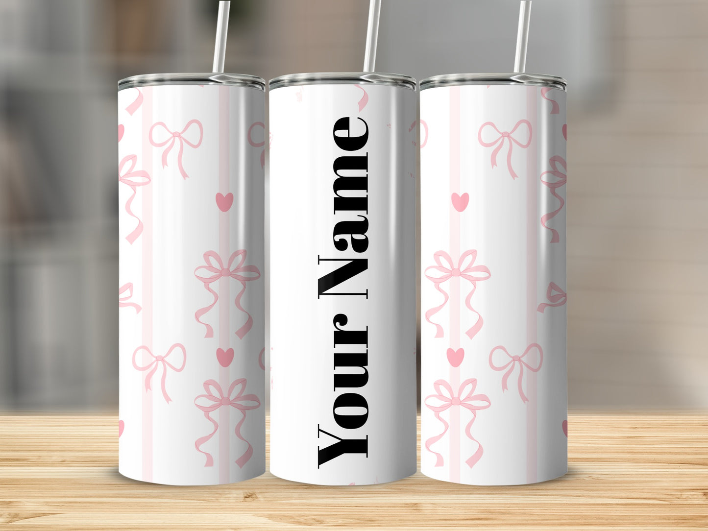 Personalized Pink Bow and Heart Design Tumbler