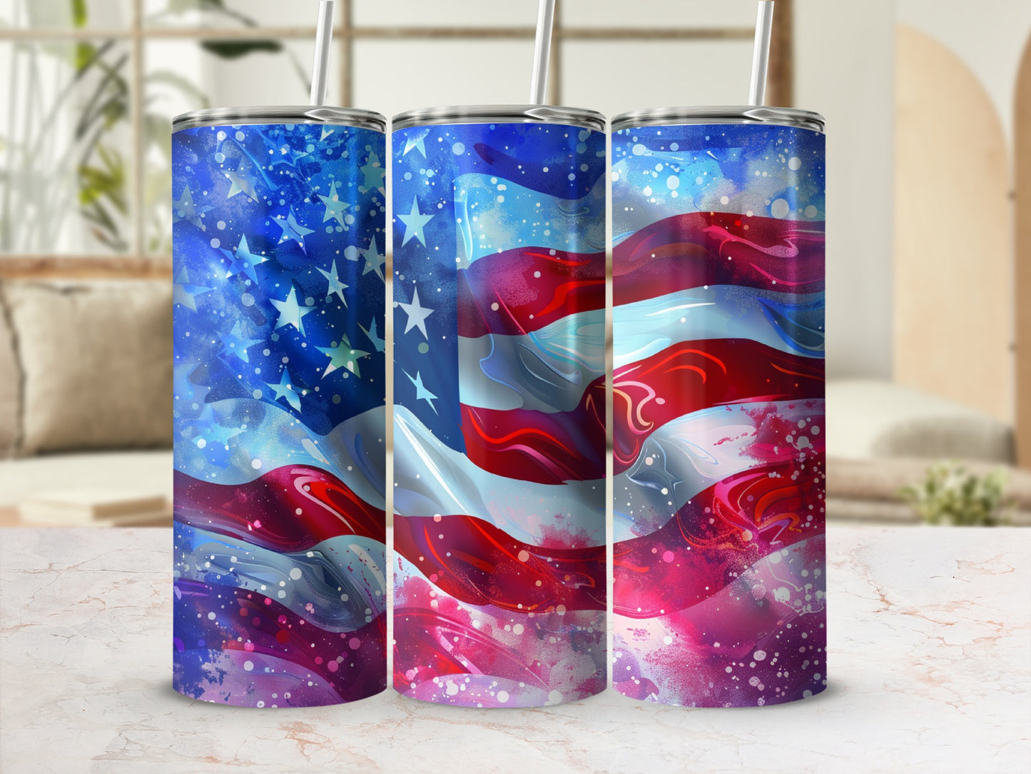 Three tumblers with a watercolor American flag design.