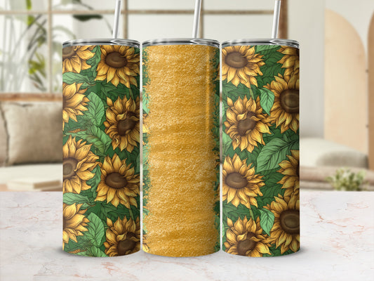 Three tumblers with sunflowers and a textured gold pattern.
