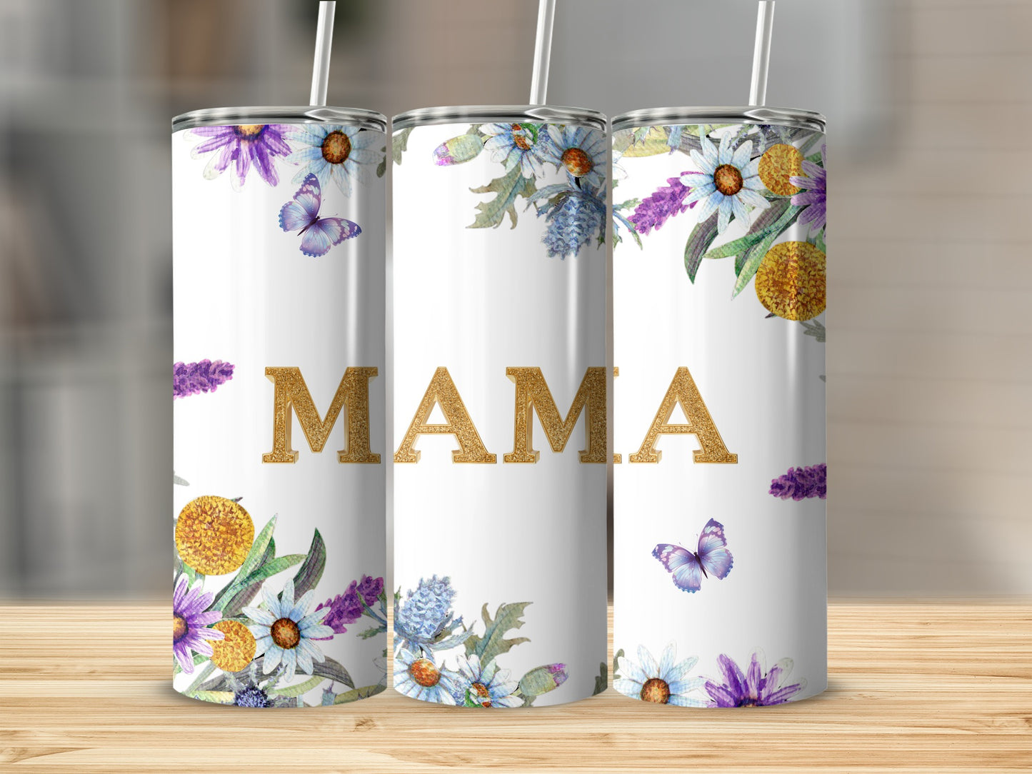 Floral MAMA Butterfly Design Tumbler Cup