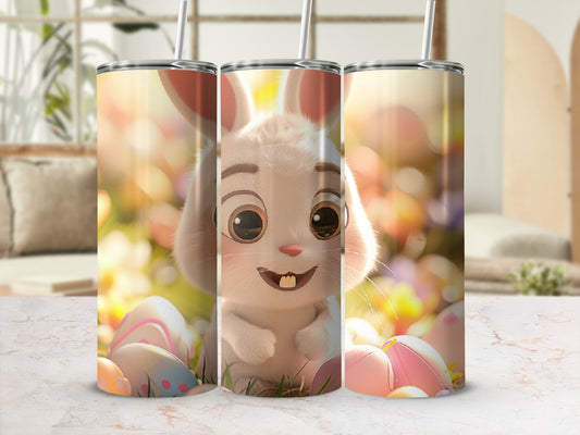 Bunny with Easter eggs on a marble surface.