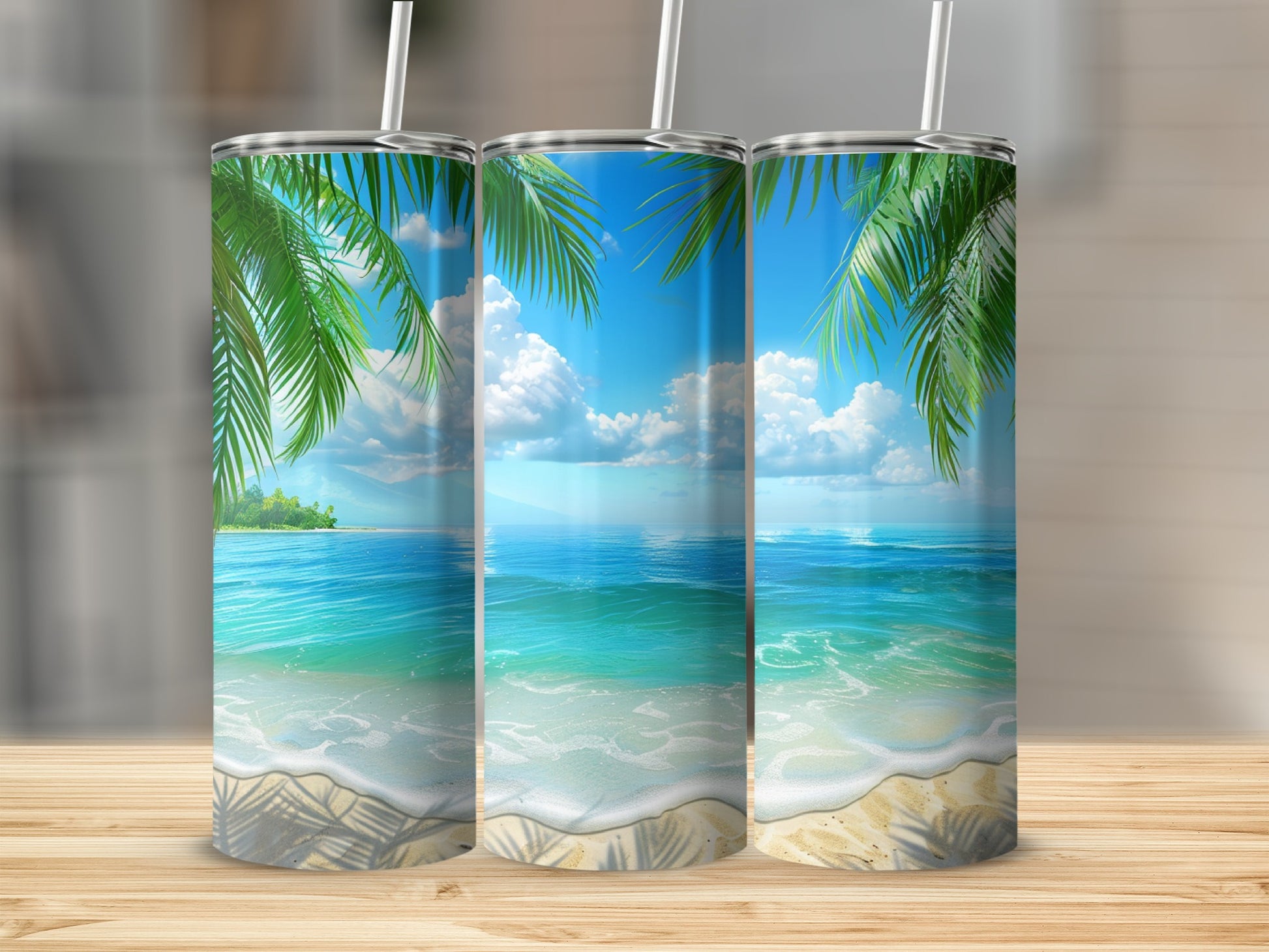 Three tumblers with tropical beach scene, palm trees, and ocean waves.