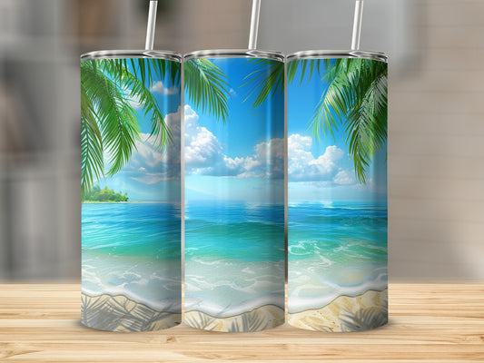 Three tumblers with tropical beach scene, palm trees, and ocean waves.