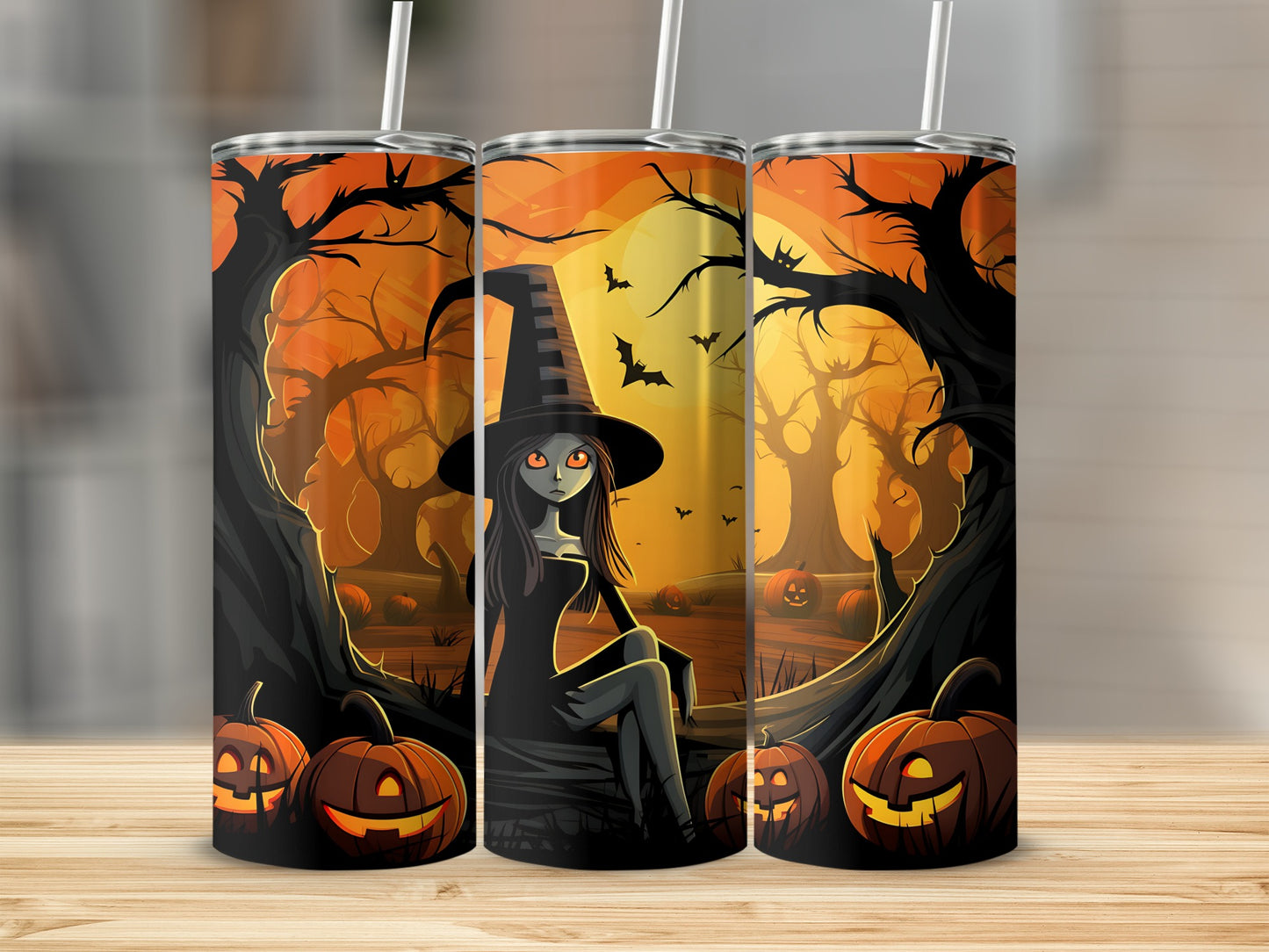 Halloween tumbler with witch and pumpkins in a spooky forest scene.