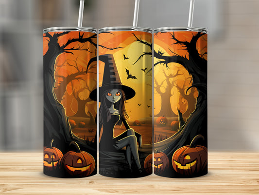 Halloween tumbler with witch and pumpkins in a spooky forest scene.