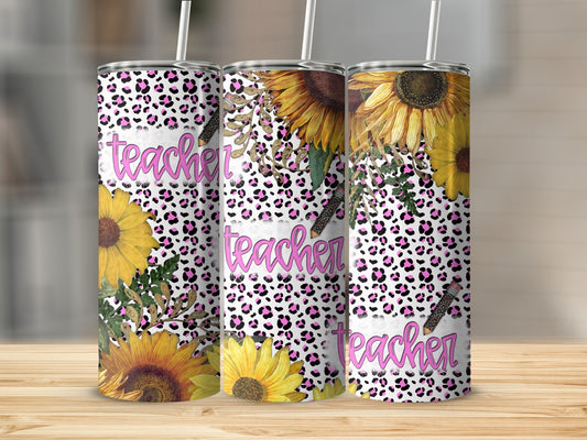 Teacher tumbler with sunflowers and pink leopard print design.