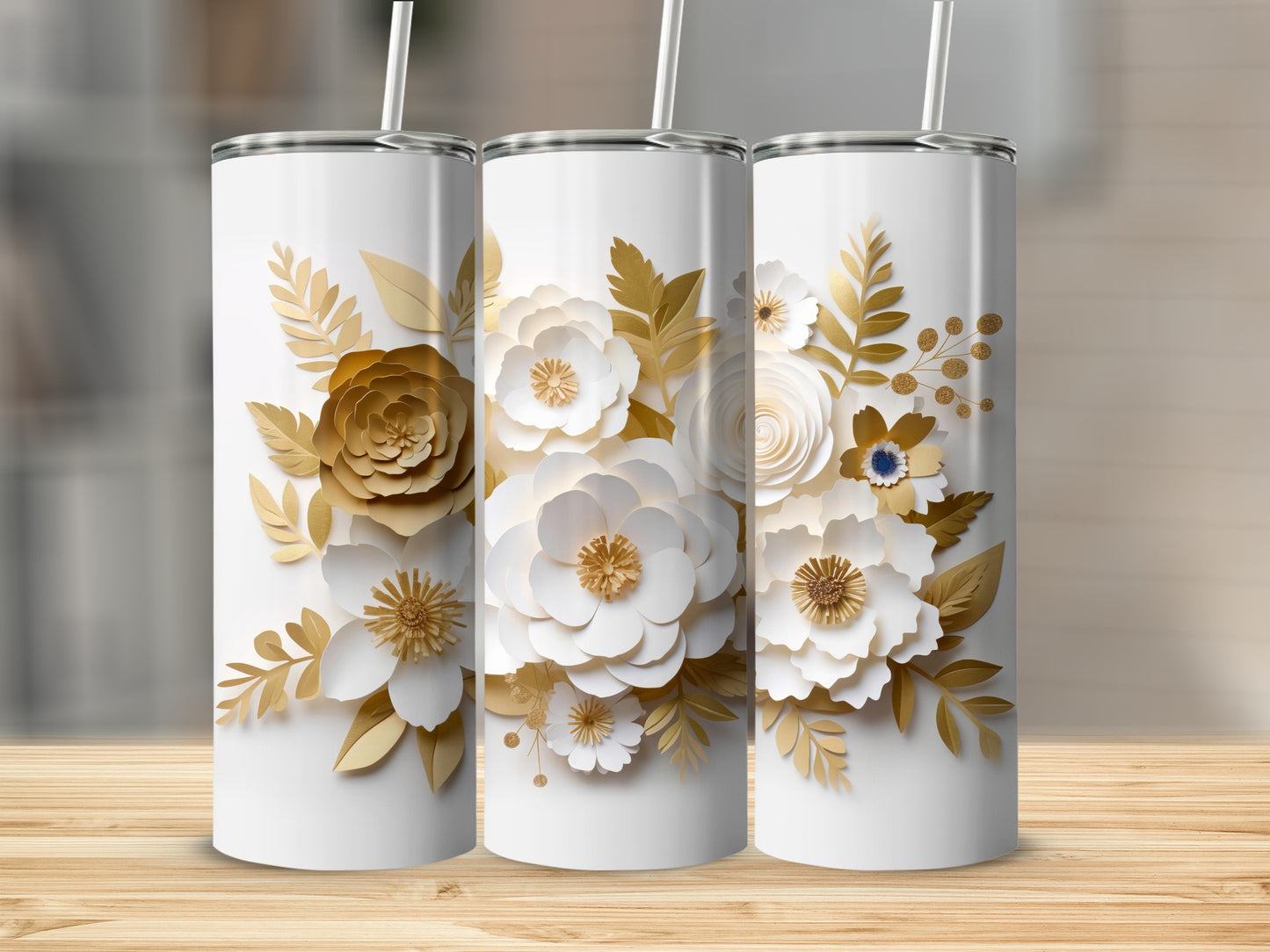 Elegant Gold and White Floral Print Tumbler