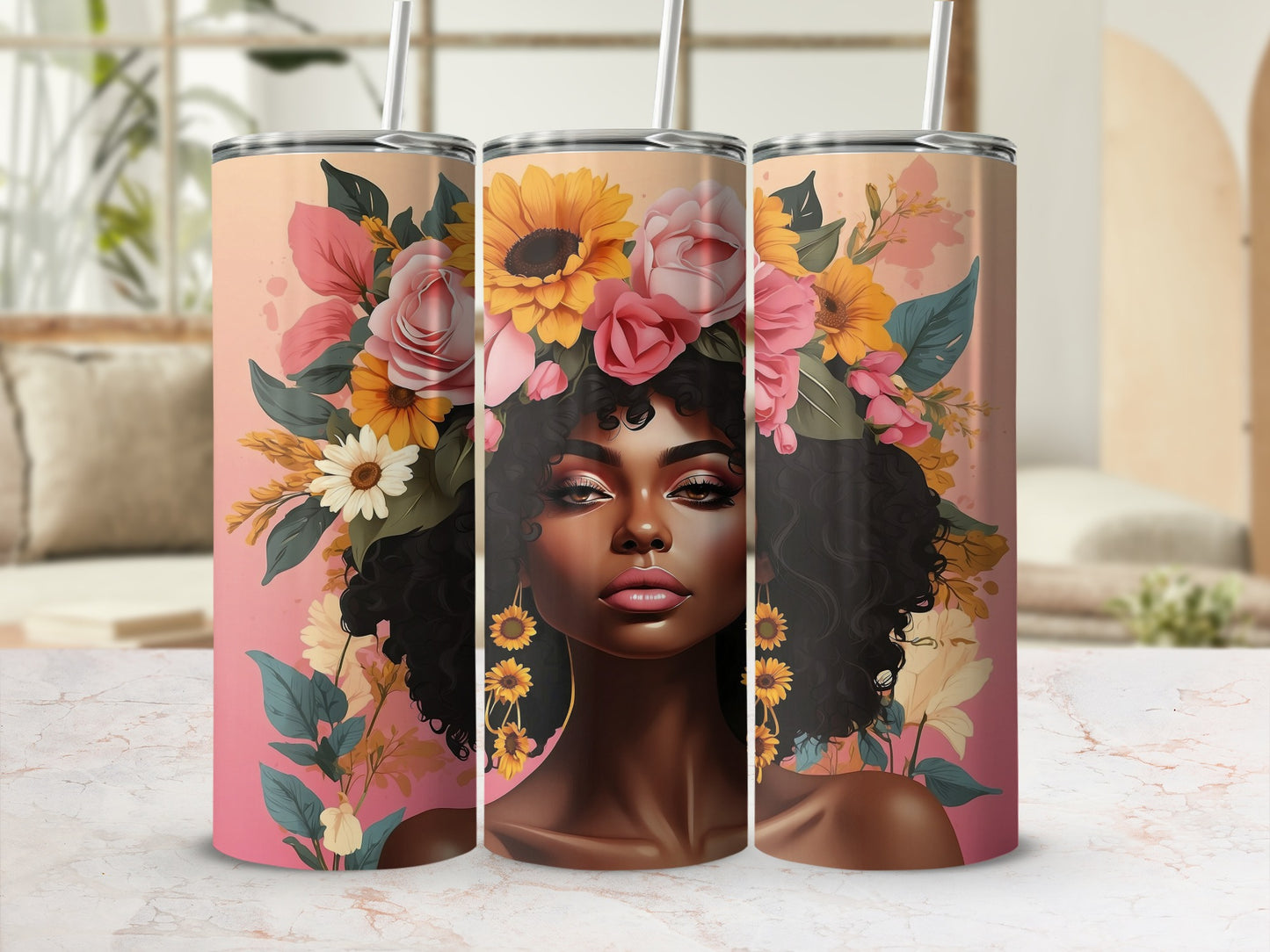 Three tumblers featuring a woman with flowers in her curly hair.