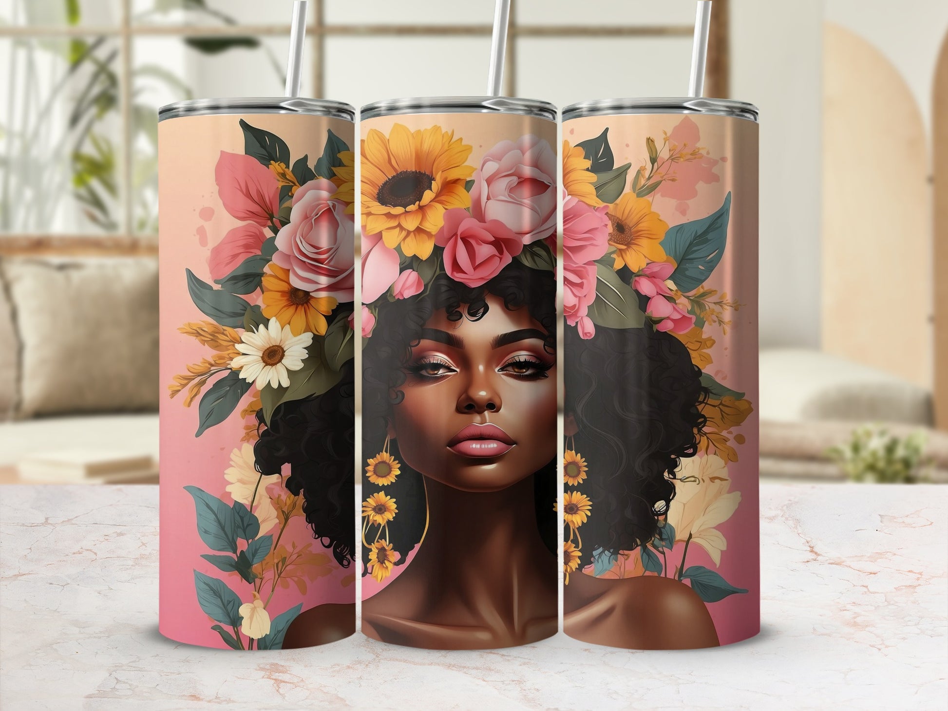 Three tumblers featuring a woman with flowers in her curly hair.