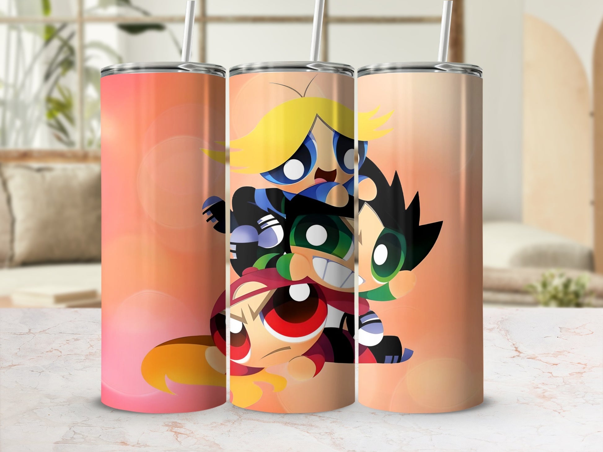 Cute Cartoon Characters on Gradient Colored Tumbler