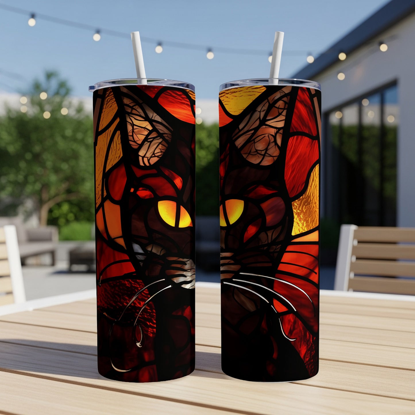 Two tumblers with a stained-glass black cat design sit on a table outdoors.