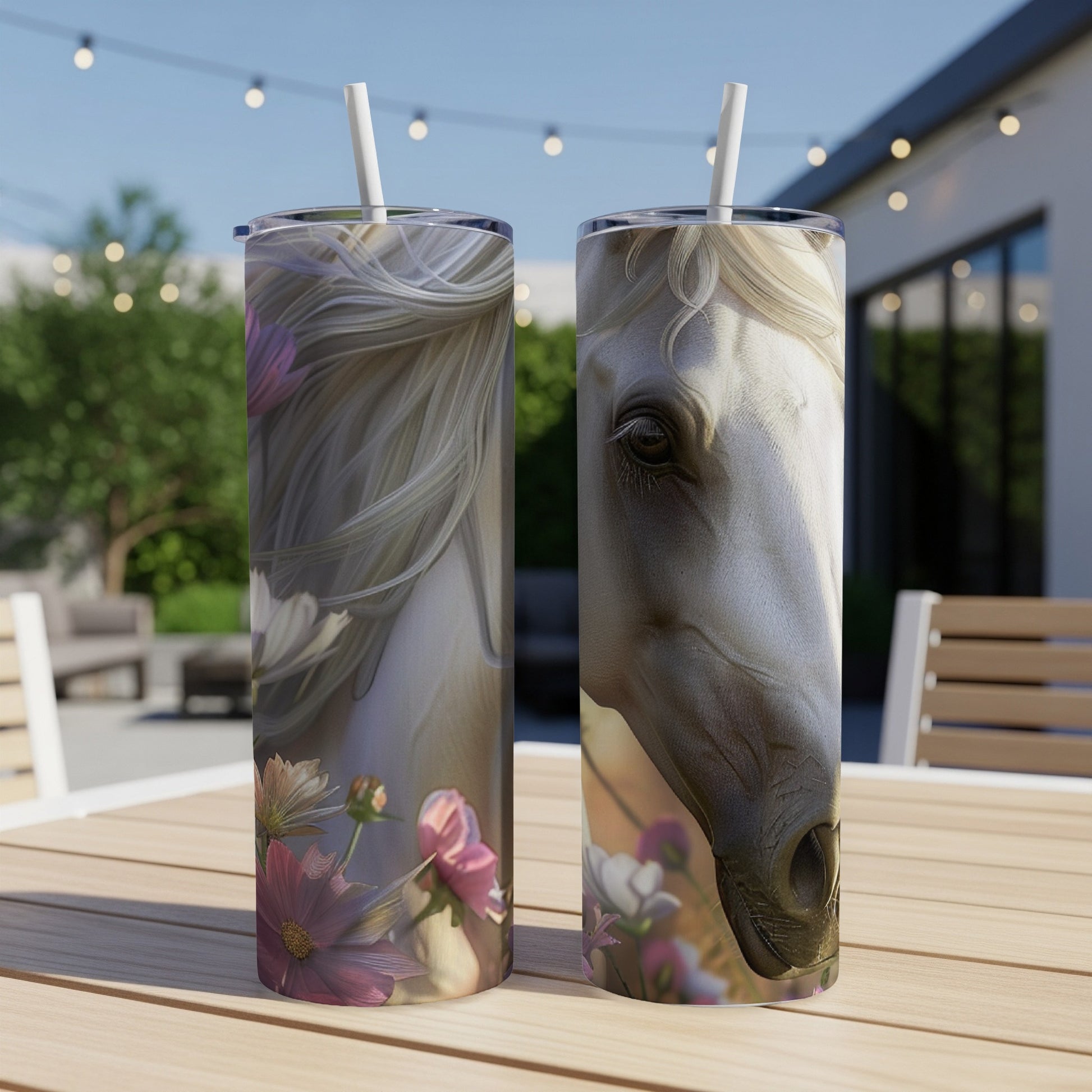 Two tumblers with white horse and floral designs sit on a table.