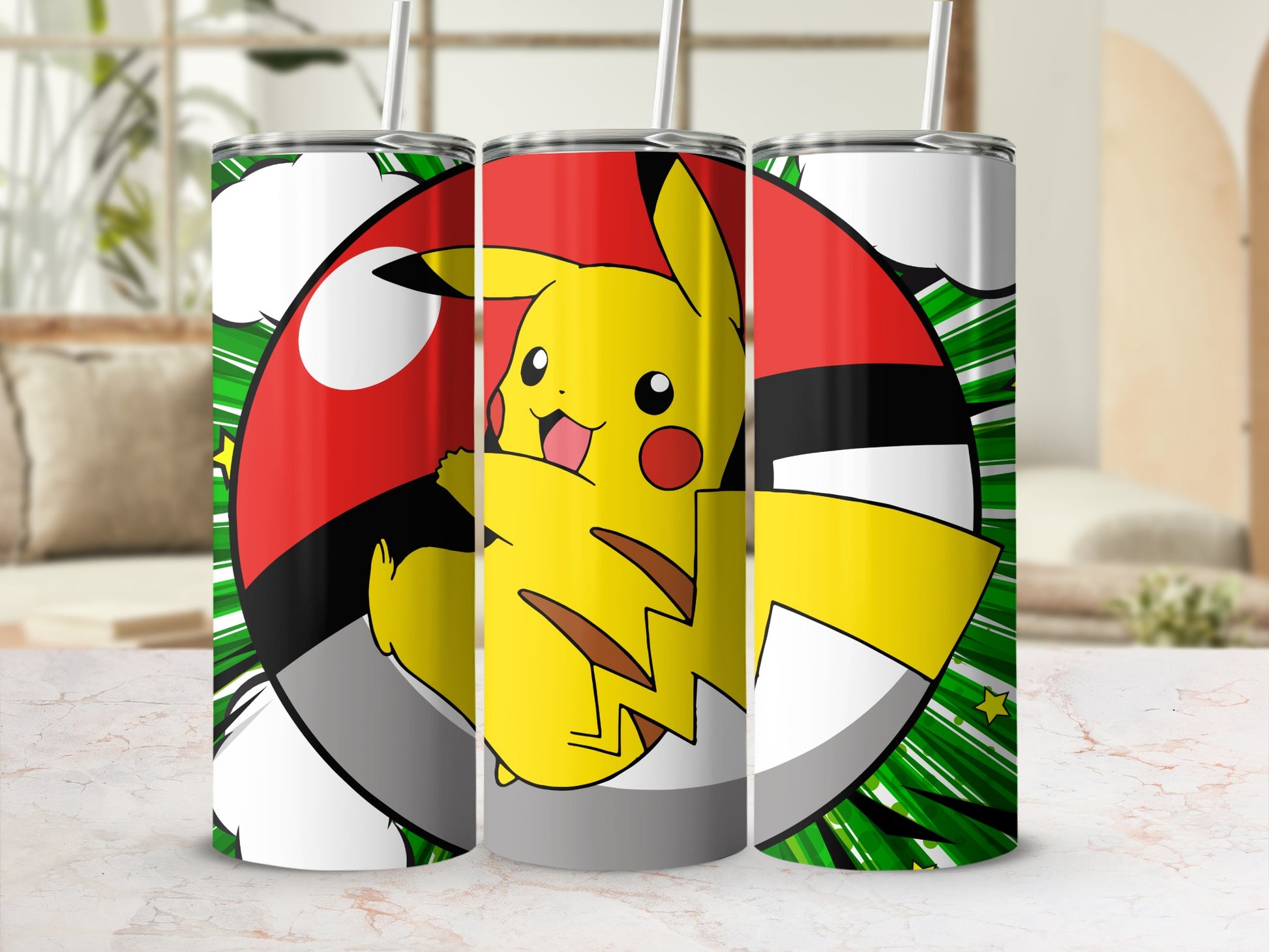 Pikachu Character and Poké Ball Design Tumbler