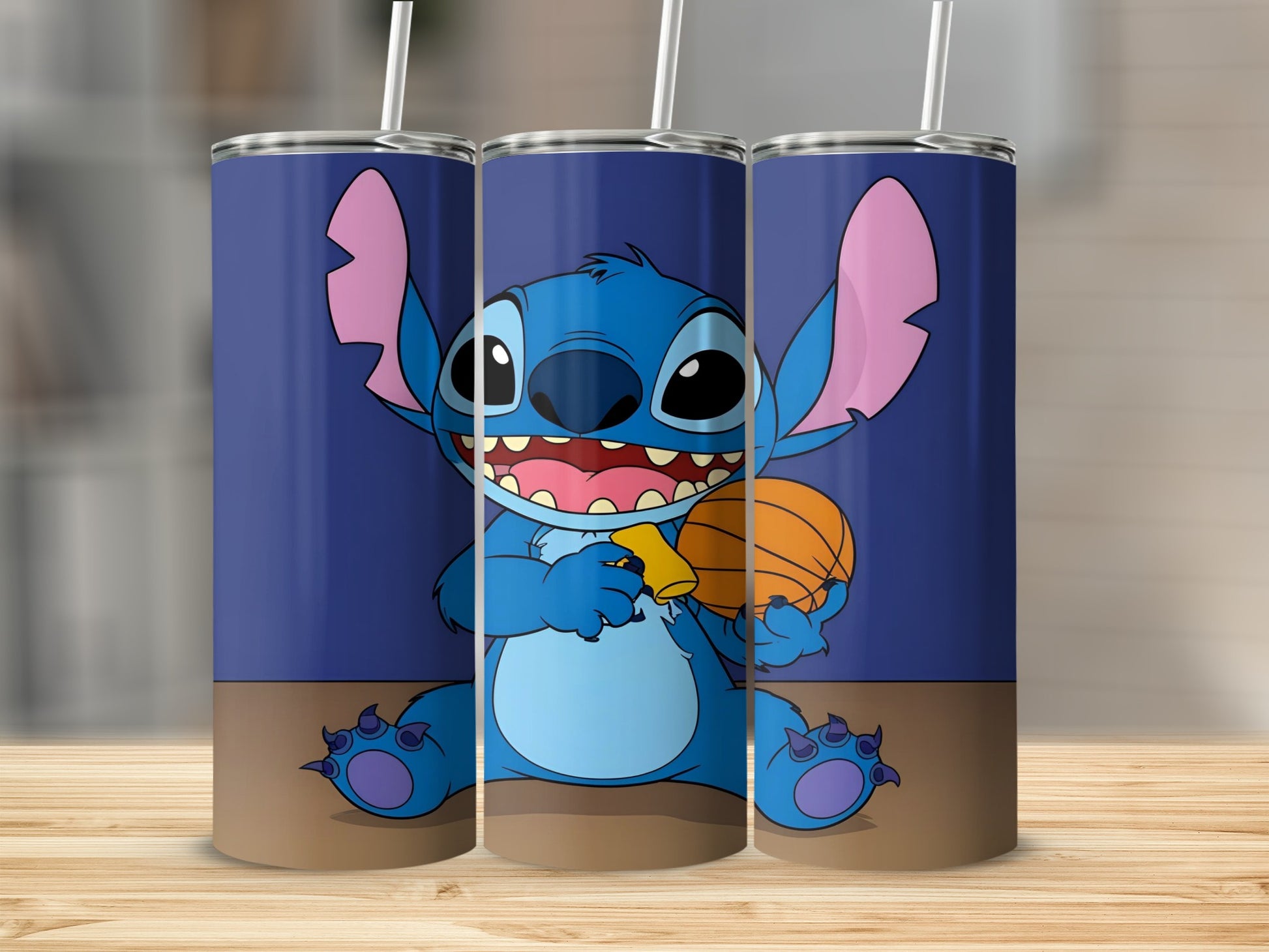 Stitch character holding a basketball on a blue background.