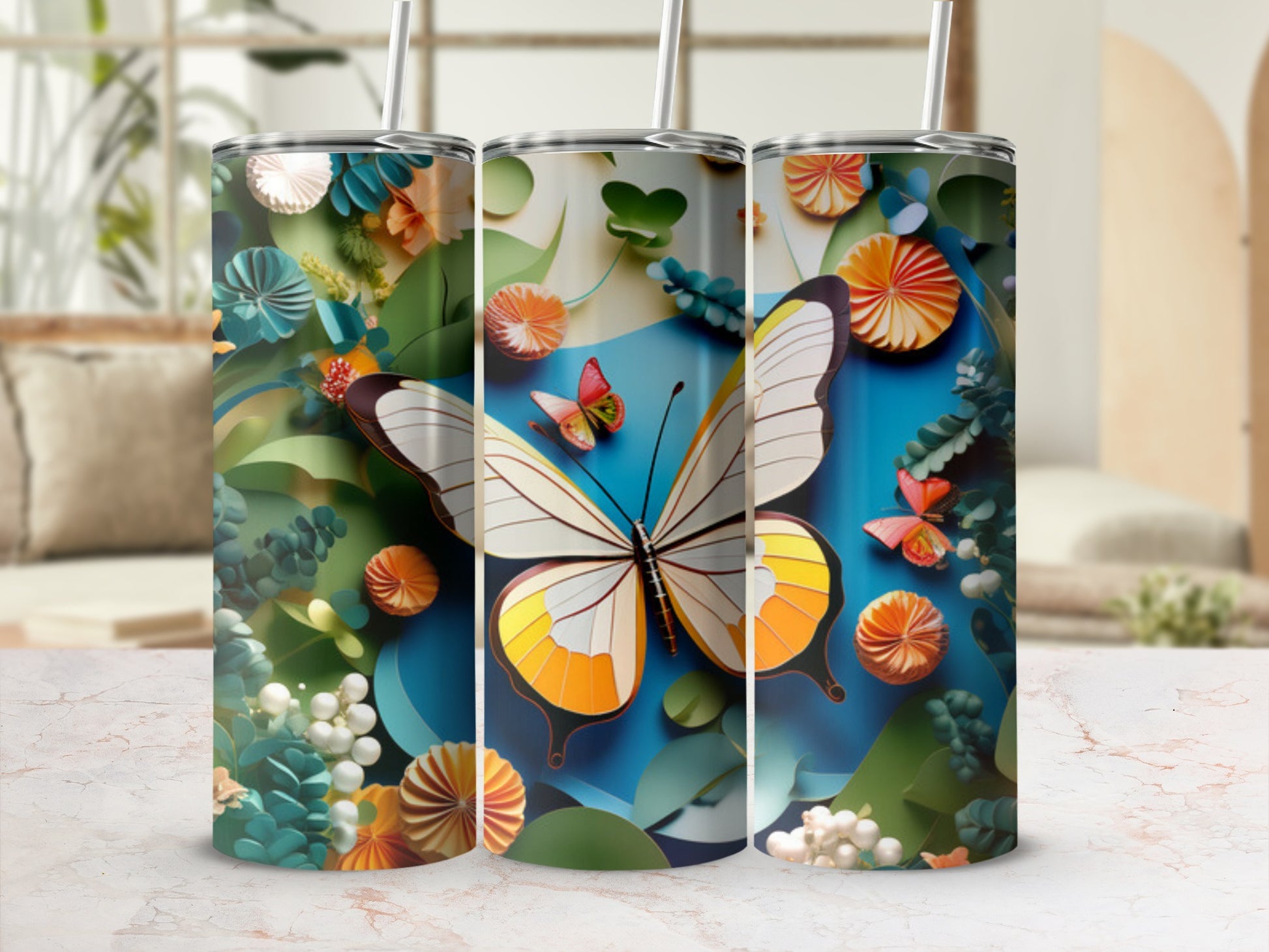 Three tumblers with a large white and yellow butterfly on a floral background.