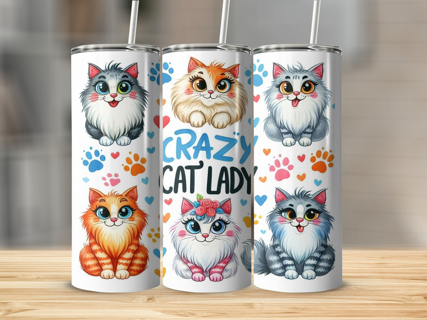 Three tumblers featuring colorful cartoon cats and "Crazy Cat Lady" text.