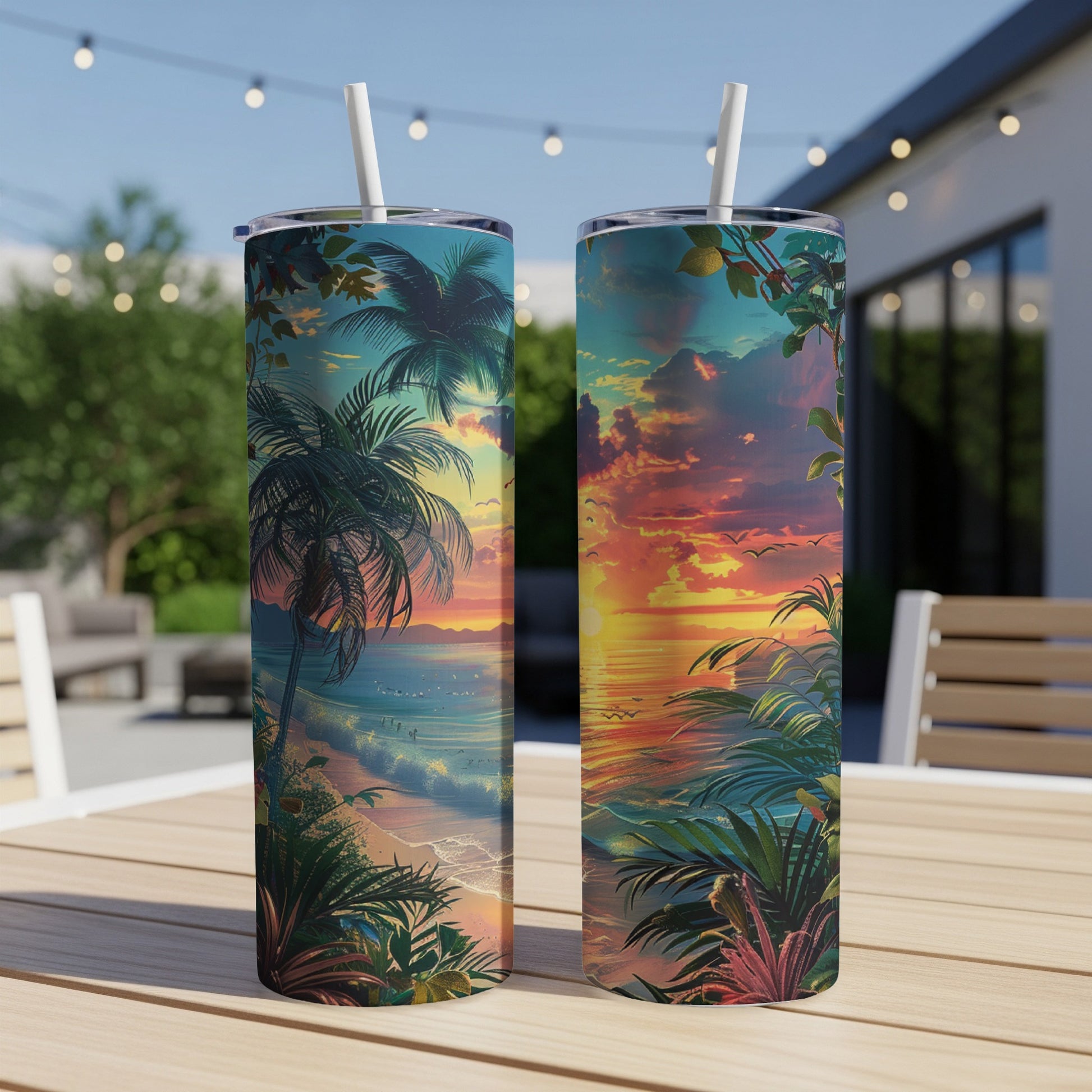 Two tropical beach sunset tumblers with palm trees and ocean waves.