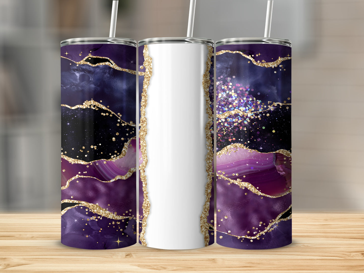 Three tumblers with purple and gold marbled design and white center panel.
