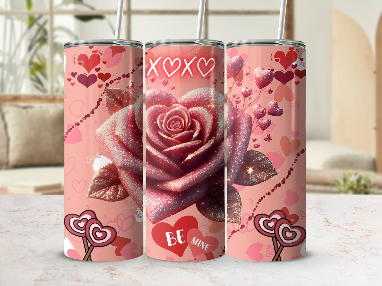 Glitter Rose and Hearts Valentine's Be Mine Tumbler