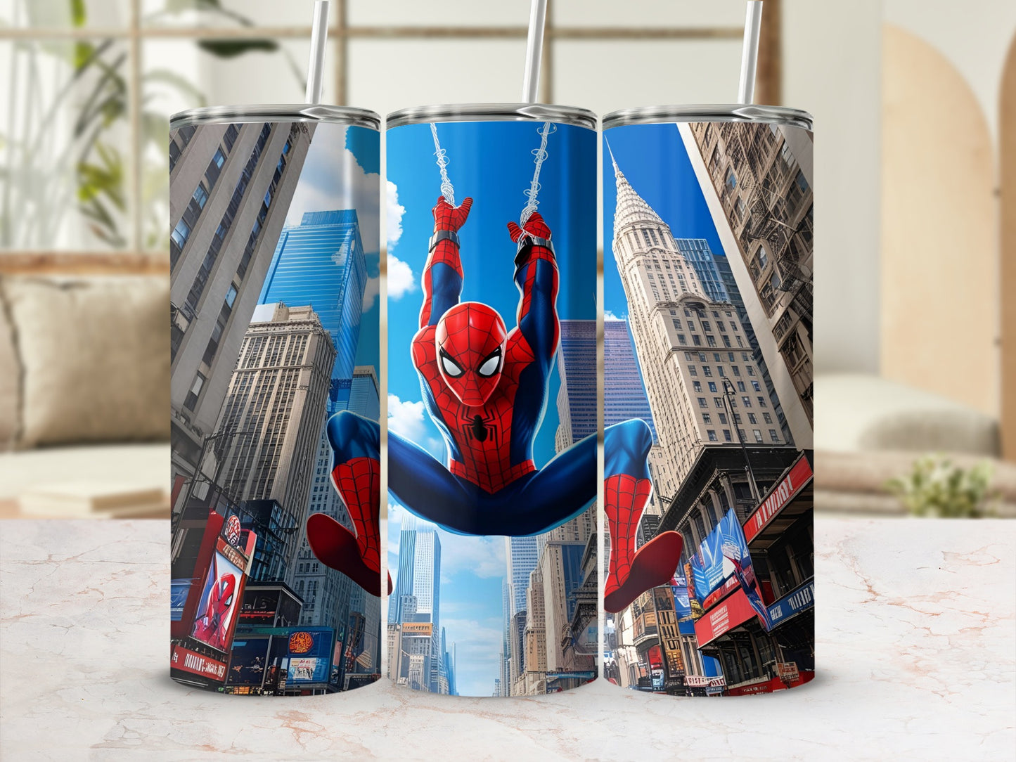 Spider-Man swinging through a city skyline on a tumbler.